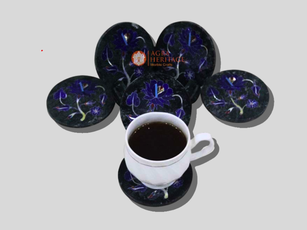 Black Marble Lapis Floral Teapot Coaster Set